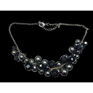 Glam Goth Black And Silver Tone Beaded Cluster Necklace